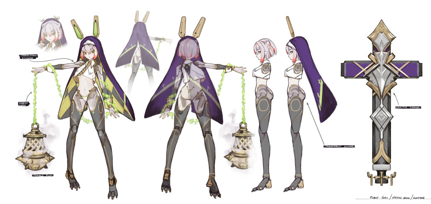 1girl android ass ball_and_chain_(weapon) breasts character_sheet collared_shirt cropped_shirt cross double_bun english_commentary green_eyes grey_hair habit hair_behind_ear head_tilt highres holding holding_weapon mahou_arms mechanical_legs medium_breasts midriff multicolored_hair multiple_views navel official_art pointy_ears redhead science_fiction seiko_(mahou_arms) shirt short_hair softmode streaked_hair weapon white_shirt