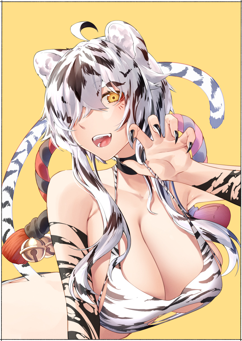 1girl absurdres ahoge animal_ears ass bare_shoulders bell bra bra_pull breasts chinese_zodiac claws clothes_pull highres huge_breasts kei_(soundcross) long_hair looking_at_viewer one_eye_covered open_mouth original tail tiger torn_clothes underwear year_of_the_tiger yellow_background yellow_eyes