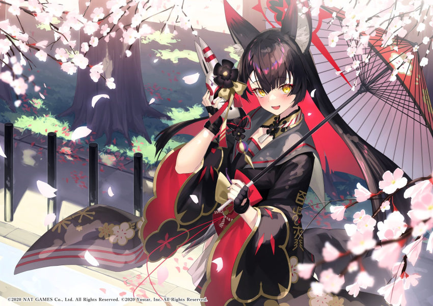 1girl animal_ear_fluff animal_ears bangs black_gloves black_hair blue_archive blunt_bangs blush bollard cherry_blossoms colored_inner_hair falling_petals fang fingerless_gloves fox_ears fox_mask gloves grass hair_between_eyes halo highres holding holding_mask holding_umbrella japanese_clothes long_hair long_sleeves looking_at_viewer mask multicolored_hair official_art open_mouth parasol petals red_umbrella redhead sidewalk smile solo tree umbrella wakamo_(blue_archive) wide_sleeves yamanokami_eaka yellow_eyes