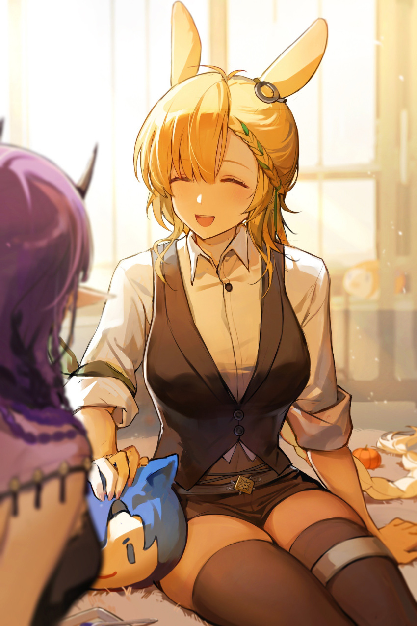 2girls :d absurdres animal_ears antenna_hair arknights backlighting bangs black_legwear black_shorts black_vest blonde_hair blush braid breasts character_doll closed_eyes collared_shirt covered_navel eyebrows_visible_through_hair fang_(arknights) green_hair highres horns indoors kroos_(arknights) kroos_the_keen_glint_(arknights) large_breasts lava_(arknights) lava_the_purgatory_(arknights) lava_the_purgatory_(dusk_wisteria)_(arknights) long_hair long_sleeves multicolored_hair multiple_girls official_alternate_costume open_mouth purple_hair qinglai_haiji rabbit_ears shirt short_shorts shorts single_braid skindentation sleeves_folded_up smile solo_focus thigh-highs thigh_strap two-tone_hair very_long_hair vest white_shirt window
