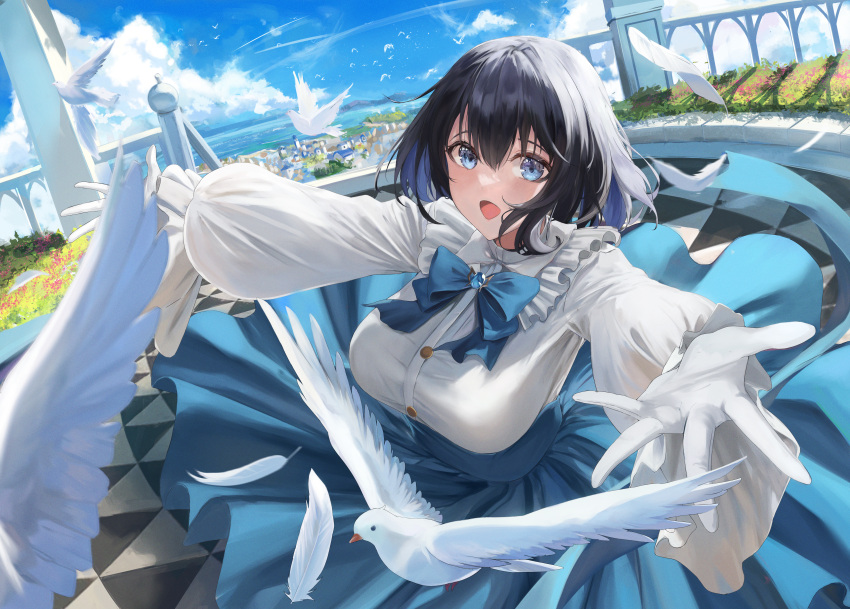 1girl :d absurdres animal aoi_13 bird black_hair blue_bow blue_bowtie blue_eyes blue_hair blue_skirt blue_sky bow bowtie breasts buttons clothes_lift clouds colored_inner_hair commentary day dutch_angle english_commentary feathers flower frilled_sleeves frills gloves hair_between_eyes highres large_breasts long_sleeves looking_at_viewer multicolored_hair open_mouth original outdoors outstretched_arms pleated_skirt puffy_sleeves shirt short_hair skirt skirt_lift sky smile solo two-tone_hair water white_gloves white_shirt wind wind_lift