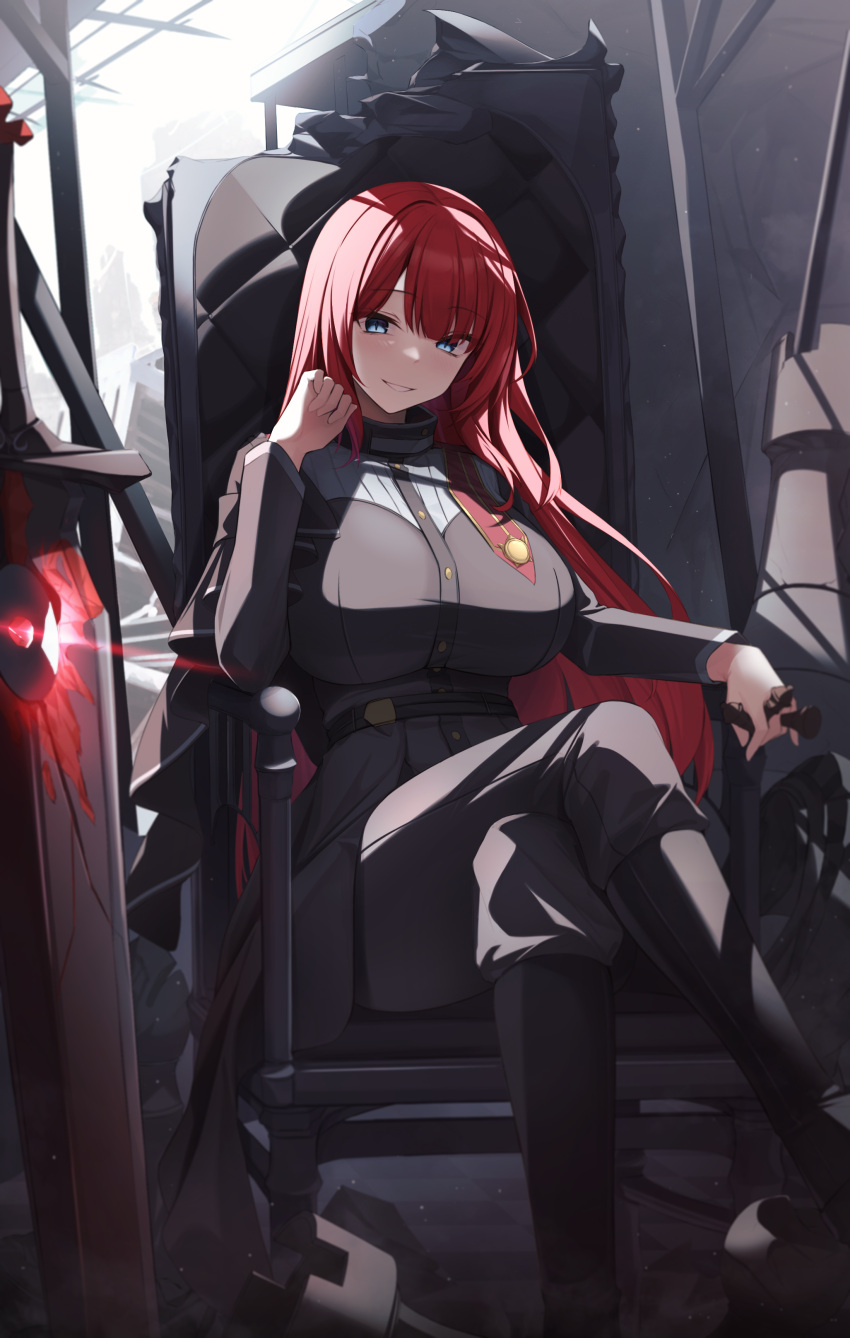 1girl absurdres black_dress blue_eyes boots breasts crossed_legs dress g_home grin hand_up highres impossible_clothes knee_boots large_breasts long_hair looking_at_viewer original pants planted planted_sword redhead sitting slit_pupils smile solo sword throne very_long_hair weapon
