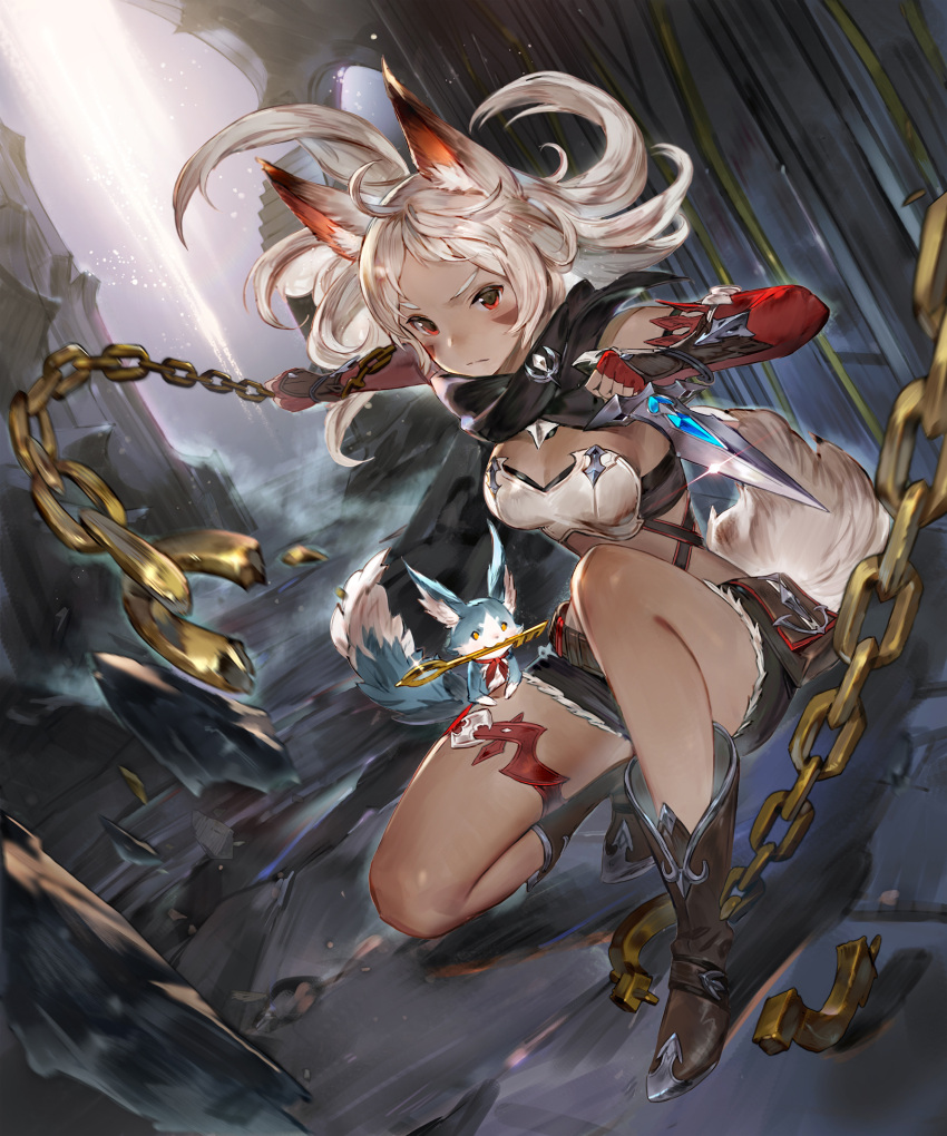 1girl animal_ears boots breasts chain character_request closed_mouth creature dagger floating_hair gran_saga highres holding holding_dagger holding_weapon kneeling knife long_hair looking_at_viewer one_knee pouch red_eyes scarf shorts sisiyong small_breasts solo thigh_strap weapon white_hair