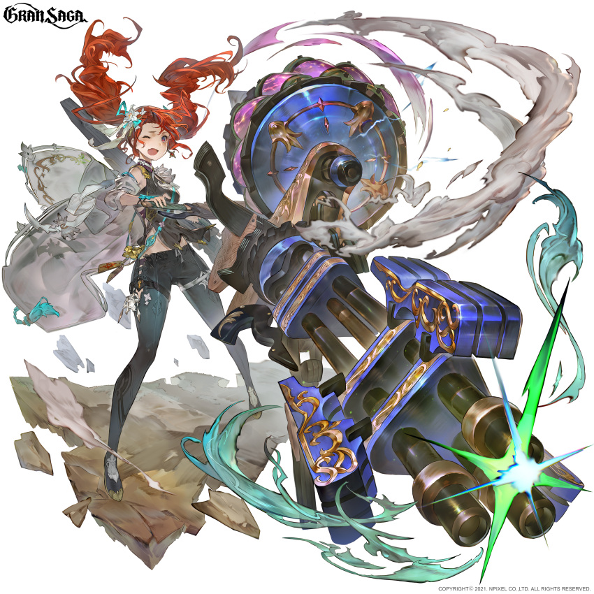 1girl 2021 absurdres character_request company_name copyright fantasy floating_hair flower gran_saga gun hair_flower hair_ornament highres holding holding_gun holding_weapon official_art pants red_eyes redhead shirt simple_background sisiyong smoke solo twintails weapon white_background