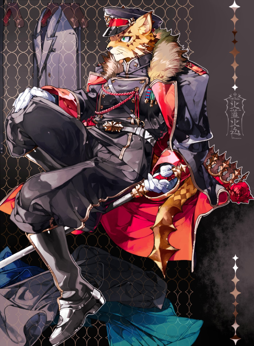 animal_ears belt clothes_han coat coat_on_shoulders crown fur_trim furry furry_male gloves green_eyes hat highres holding holding_sword holding_weapon jacket kazanniro military military_hat military_uniform ose_(housamo) panther_boy panther_ears panther_tail patterned_background sitting star_(symbol) sword tail tokyo_afterschool_summoners uniform weapon white_gloves