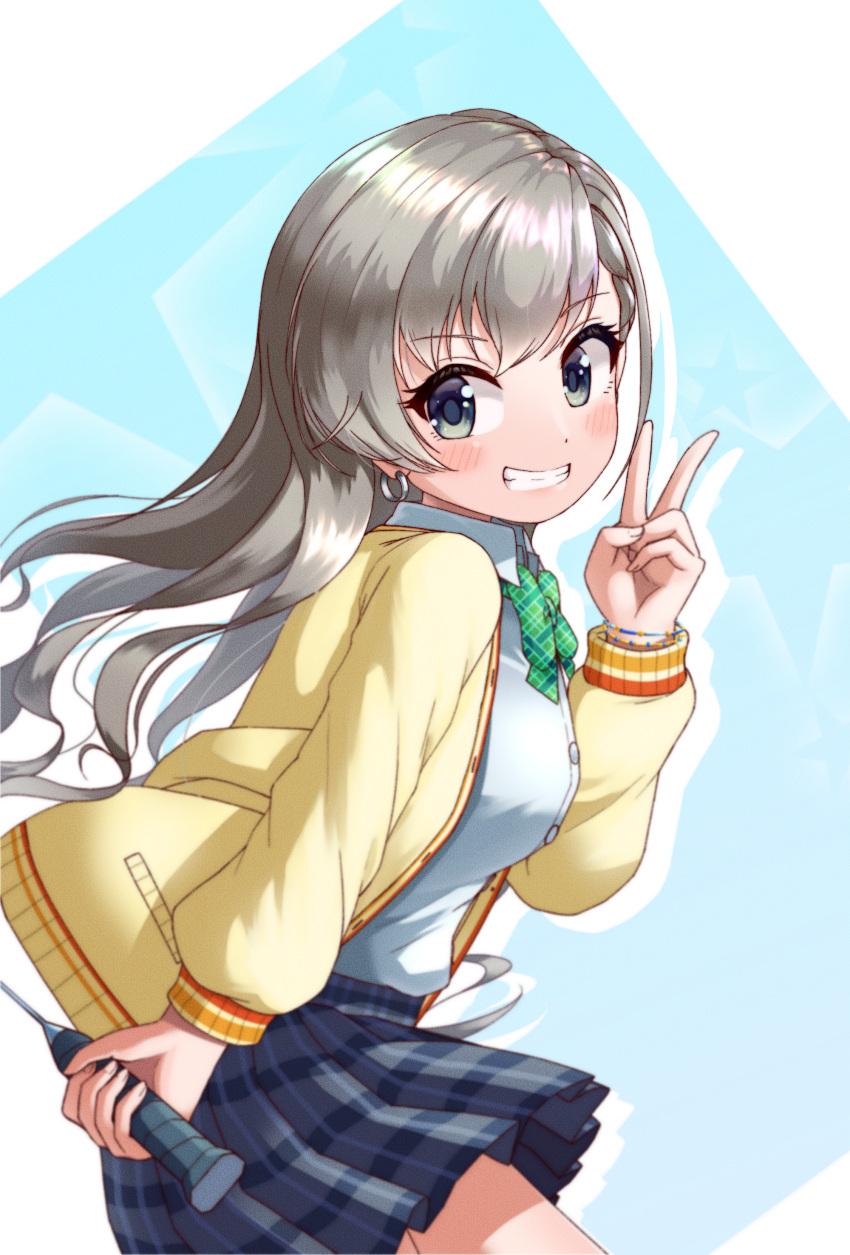 1girl absurdres bangs blue_background blush bow braid braided_bangs collared_shirt commentary_request dress_shirt eyebrows_visible_through_hair from_side green_bow grey_eyes grey_hair grey_skirt grin hand_up highres hisakawa_hayate holding idolmaster idolmaster_cinderella_girls jacket long_hair long_sleeves looking_at_viewer looking_to_the_side open_clothes open_jacket plaid plaid_skirt pleated_skirt shirt skirt smile solo star_(symbol) two-tone_background unadon_(unadoom) v very_long_hair white_background white_shirt yellow_jacket