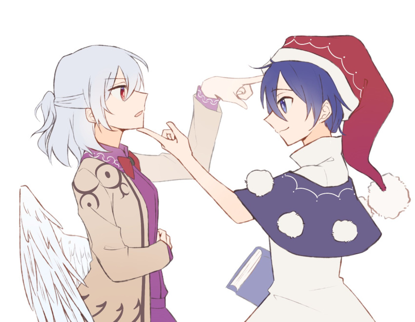 2girls angel_wings bangs beige_jacket black_capelet blue_eyes blue_hair blush book bow bowtie braid capelet chinese_commentary closed_mouth clothes_pull collared_dress commentary_request doremy_sweet dress eyebrows_visible_through_hair feathered_wings finger_to_head french_braid from_side grabbing_another's_chin hair_between_eyes half_updo hand_on_another's_chin hat highres holding holding_book idaku kishin_sagume long_sleeves looking_at_another multiple_girls pom_pom_(clothes) purple_dress red_bow red_bowtie short_hair short_sleeves silver_hair simple_background single_wing smile standing tail tapir_tail touhou white_background white_dress wing_collar wings