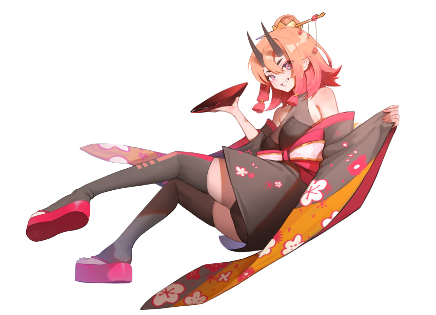 1girl absurdres black_kimono black_legwear breasts cup floating gradient_hair hair_behind_ear highres holding japanese_clothes kimono korean_commentary large_breasts multicolored_hair naru_(_nanyao3o) off_shoulder oni orange_hair pointy_ears red_footwear redhead sakazuki sandals second-party_source smile sn_company solo thigh-highs toeless_legwear ume_(sn_company) virtual_youtuber white_background