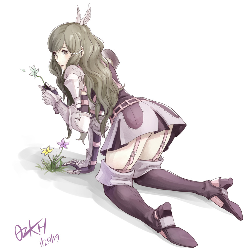 1girl absurdres all_fours arm_support armor artist_name bangs beads bent_over blush breastplate brown_eyes brown_hair dated fire_emblem fire_emblem_awakening flower garter_straps grass hair_ornament high_heels highres kneeling long_hair ozkh petals shoulder_armor signature simple_background skirt solo sumia_(fire_emblem) teasing thigh-highs thighs white_background