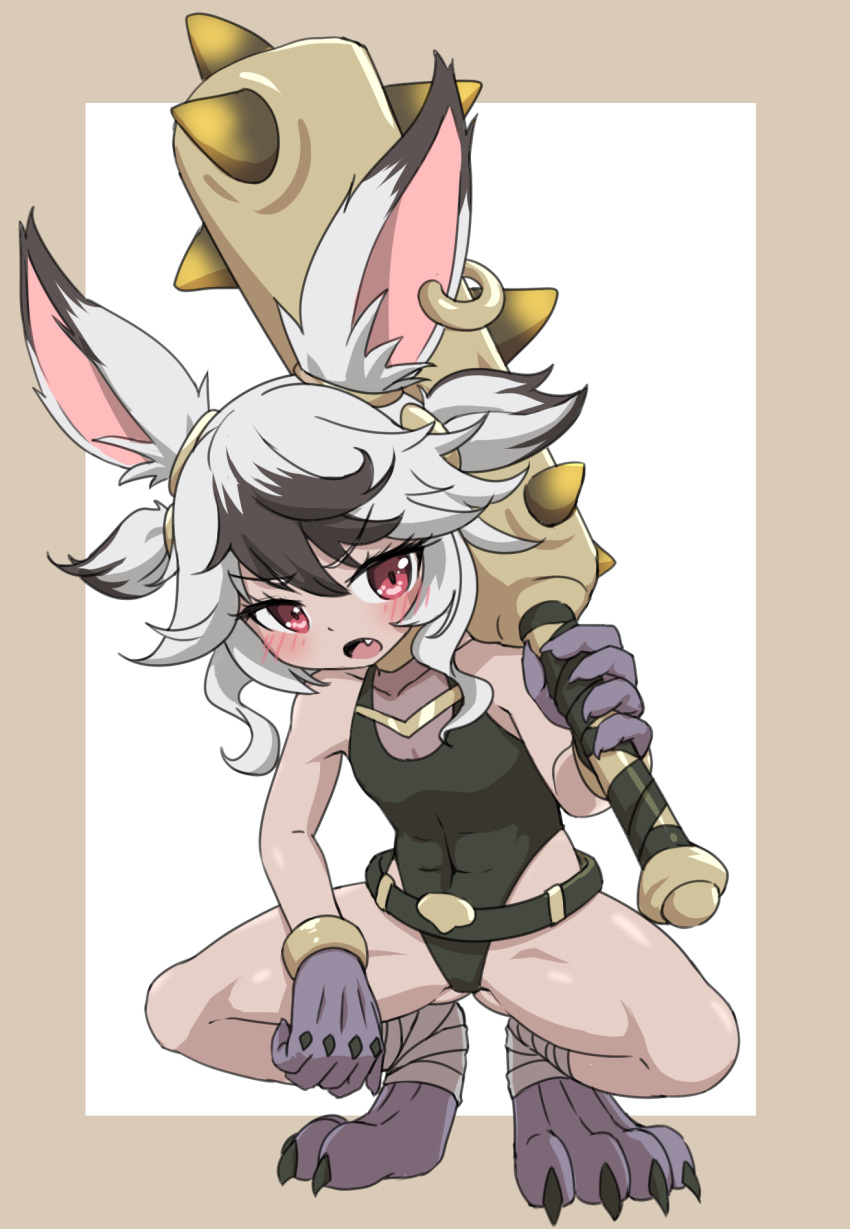 1girl animal_ears ass_visible_through_thighs bandages belt black_leotard blush bracelet character_request claws club_(weapon) fang grey_hair highres huge_weapon jewelry keven_(ewdx3754) leotard looking_at_viewer monster_girl open_mouth rabbit_ears red_eyes ring short_hair solo spiked_club spread_legs squatting thighs tower_of_saviors two_side_up weapon