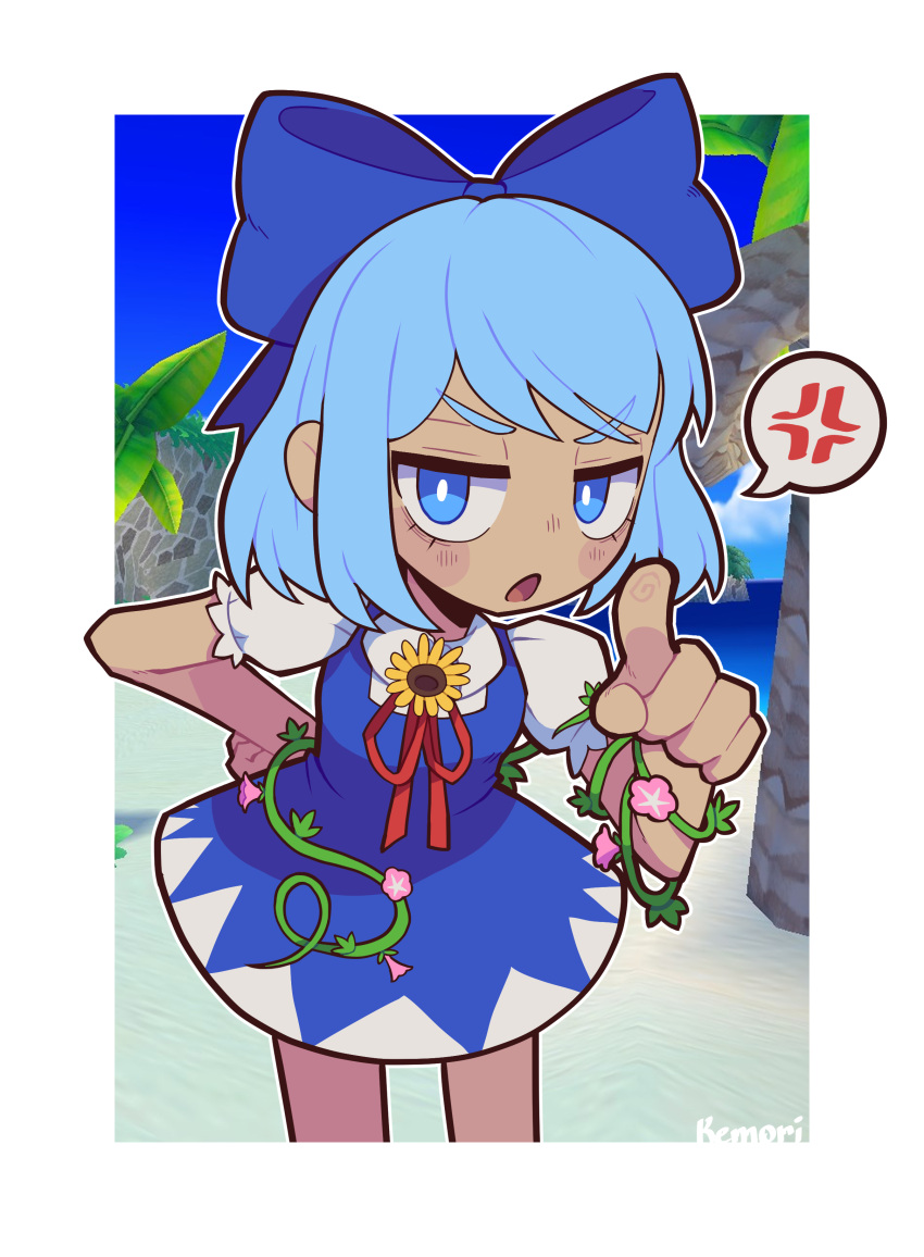 1girl absurdres anger_vein blue_bow blue_eyes blue_hair blush bow cirno dark-skinned_female dark_skin eyebrows_visible_through_hair flower hair_bow half-closed_eyes highres kemori kirby's_return_to_dream_land kirby_(series) looking_at_viewer open_mouth pointing pointing_at_viewer short_hair solo speech_bubble spoken_anger_vein sunflower tanned_cirno touhou