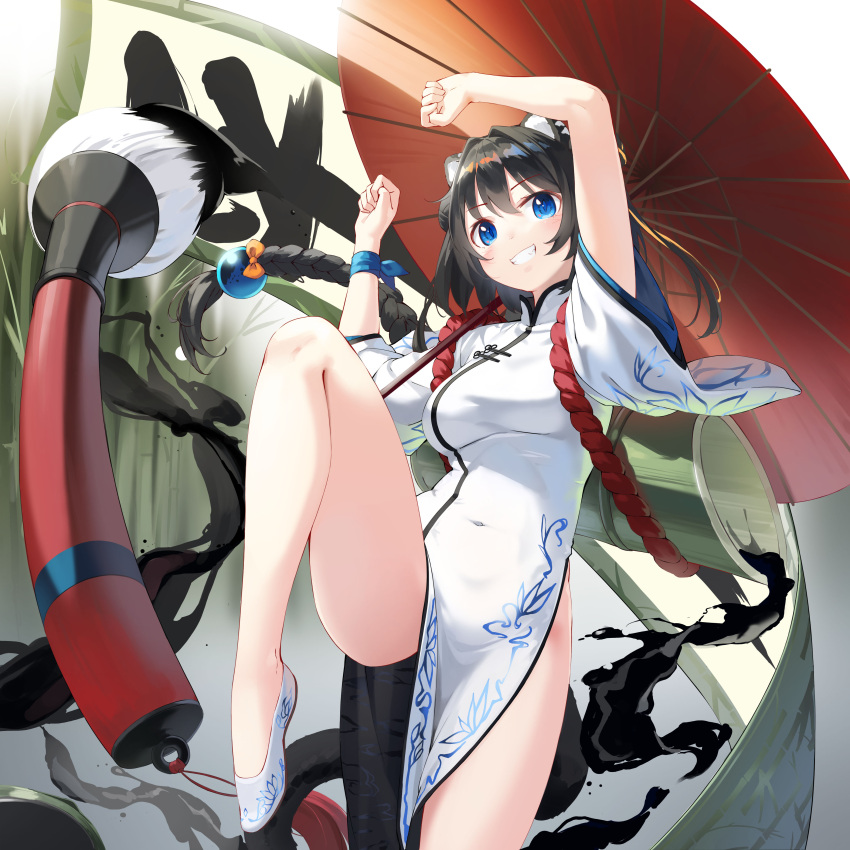 1girl absurdres animal_ears arms_up black_hair blue_eyes braid braided_ponytail calligraphy_brush cat_ears cat_girl cat_tail china_dress chinese_clothes covered_navel dress eiyuu_densetsu giant_brush grin hair_between_eyes highres impossible_clothes impossible_dress kimyo knee_up leg_up long_hair looking_at_viewer paintbrush pelvic_curtain short_sleeves side_slit skin_tight smile solo tail white_footwear