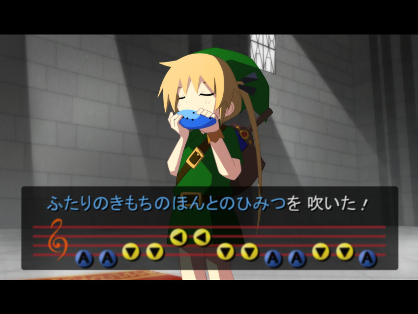 1girl bangs black_ribbon blonde_hair bracelet closed_eyes commentary_request cosplay day fake_screenshot green_headwear green_tunic hair_ribbon hands_up hat highres holding holding_instrument indoors instrument jewelry kill_me_baby light_blush link link_(cosplay) long_hair music ocarina playing_instrument ribbon shield solo sonya_(kill_me_baby) standing sunlight sword sword_behind_back temple_of_time the_legend_of_zelda the_legend_of_zelda:_ocarina_of_time translation_request twintails weapon window yachima_tana