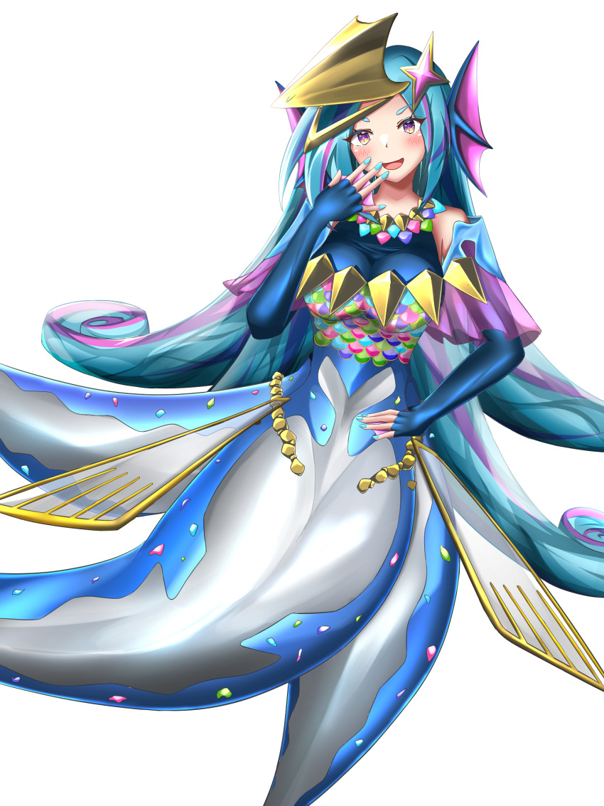 +_+ 1girl amabie_(yu-gi-oh!) bare_shoulders blue_hair blue_nails blush breasts duel_monster fingerless_gloves gloves gradient_eyes hair_ornament hand_on_hip hand_to_own_mouth head_fins highres long_hair mermaid monster_girl multicolored_eyes nail_polish open_mouth sabato7144 simple_background solo star_(symbol) star_hair_ornament violet_eyes white_background yellow_eyes yu-gi-oh!