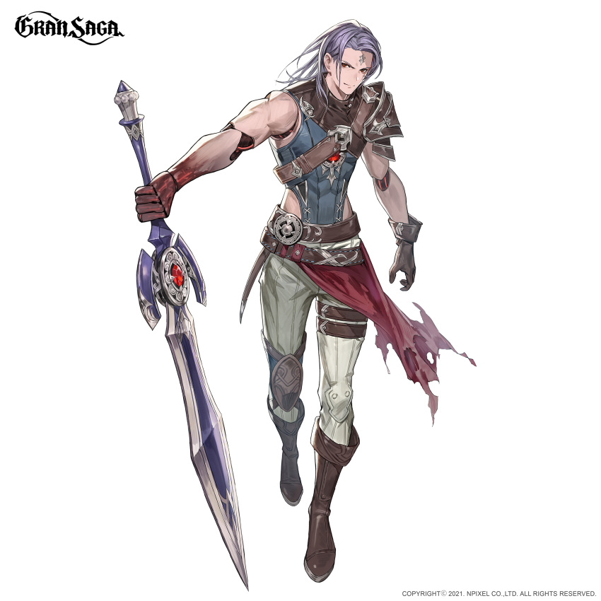 2021 absurdres arm_at_side boots company_name copyright gloves gran_saga highres holding holding_sword holding_weapon medium_hair official_art pants purple_hair red_eyes shirt simple_background sisiyong standing sword weapon white_background