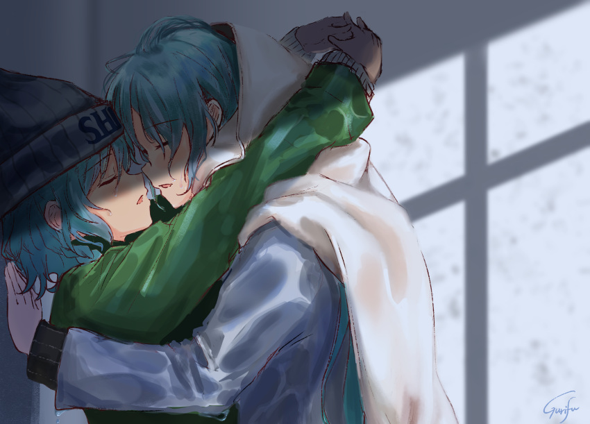 2girls absurdres arms_up bang_dream! bangs beanie blue_hair cloak closed_eyes commentary_request commission eyebrows_visible_through_hair green_jacket grey_headwear grey_jacket gurifu hair_between_eyes hat highres hikawa_hina hikawa_sayo hood hood_up hooded_cloak imminent_kiss incest jacket long_sleeves multiple_girls outstretched_arms parted_lips profile siblings signature sisters skeb_commission upper_body white_cloak