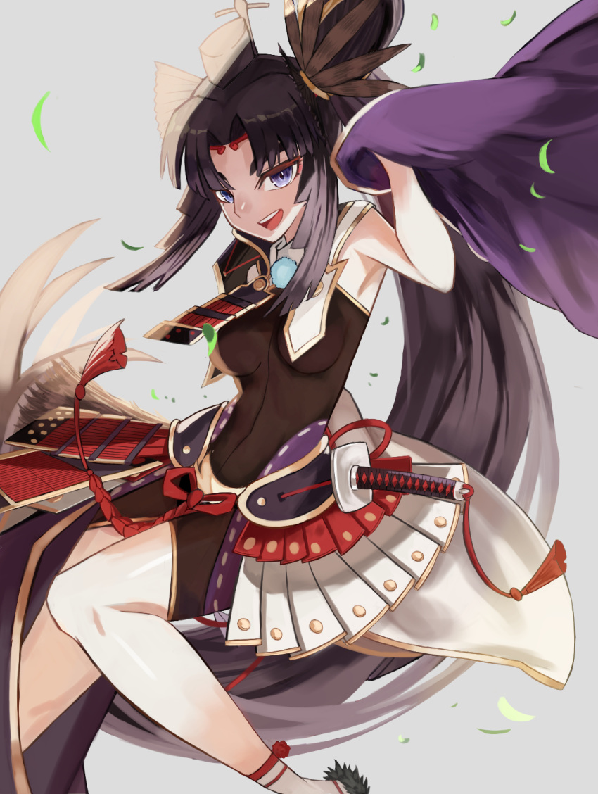 1girl armor bangs black_bodysuit black_hair black_headwear bodysuit breast_curtains breasts cape commentary_request fate/grand_order fate_(series) grey_background hair_bun hat heroic_spirit_tour_outfit highres holding holding_cape holding_clothes japanese_armor katana kusazuri leaf long_hair looking_at_viewer m0_chi medium_breasts parted_bangs purple_cape side_bun side_ponytail sidelocks simple_background sleeveless smile solo sword tate_eboshi teeth tongue upper_teeth ushiwakamaru_(fate) very_long_hair violet_eyes weapon
