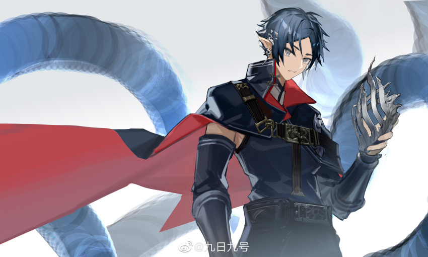 1boy absurdres arknights bangs belt blue_hair buckle cape chinese_clothes cowboy_shot dragon earrings highres holding holding_mask jewelry jiuri_jiuhao looking_at_viewer male_focus mask mask_removed parted_bangs parted_lips pointy_ears red_cape short_hair simple_background solo vambraces weibo_username white_background zhuo_(arknights)