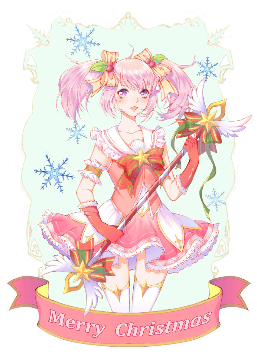 1girl :d absurdres bangs bow character_request collarbone dahuzi_shushu detached_sleeves dress frilled_dress frilled_sleeves frills fur-trimmed_gloves fur_trim gloves hair_bow hair_ornament highres league_of_legends lux_(league_of_legends) merry_christmas open_mouth pink_dress pink_eyes pink_hair red_bow red_gloves smile snowflakes solo star_(symbol) star_guardian_(league_of_legends) star_guardian_lux thigh-highs twintails white_legwear yellow_bow zettai_ryouiki
