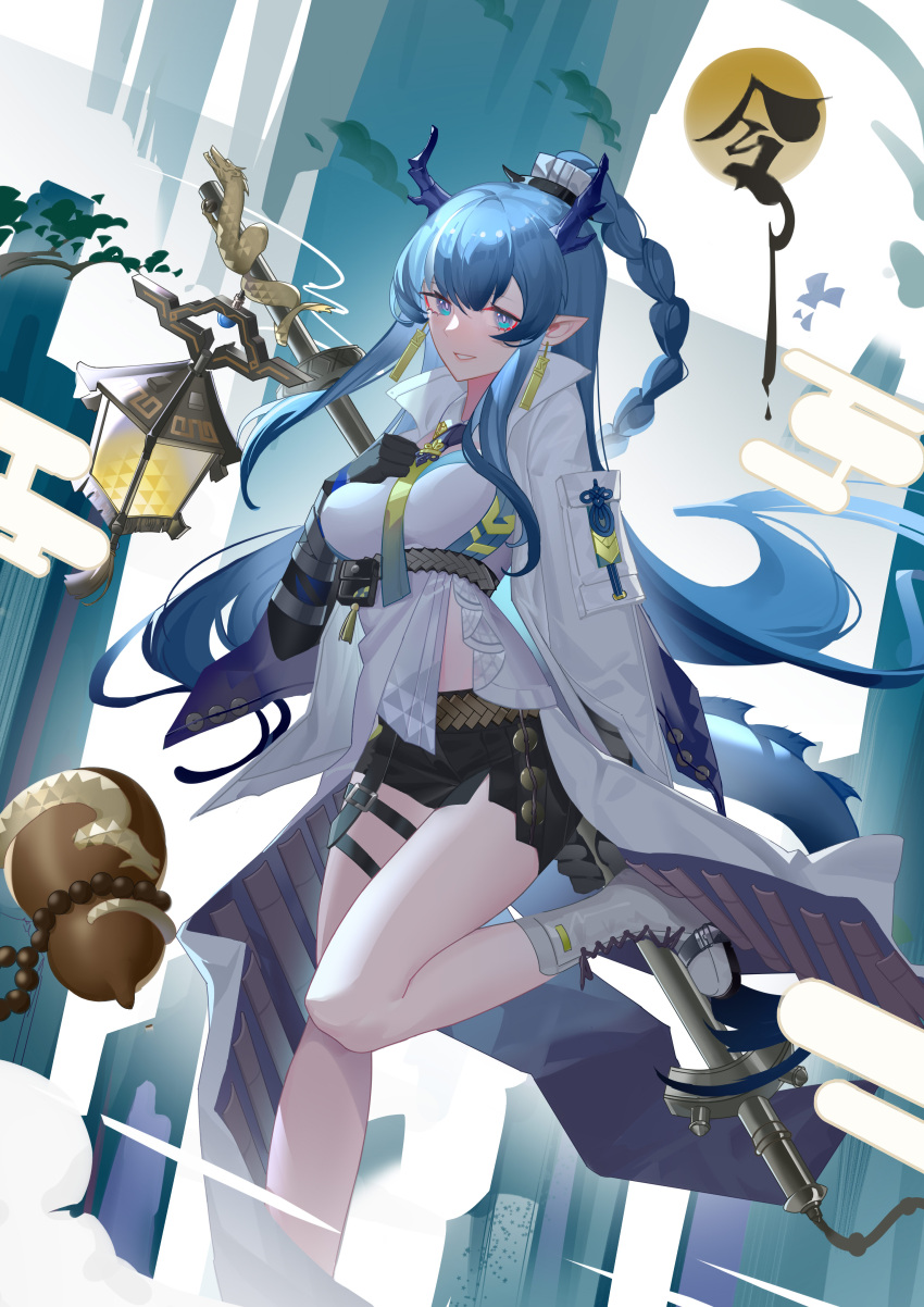 1girl :d absurdres arknights belt black_gloves black_shorts blue_eyes blue_hair boots braid chinese_commentary coat commentary_request dragon_girl dragon_horns dragon_tail earrings egasumi elbow_gloves gloves gourd hand_on_own_chest highres holding holding_staff horns hunxuemeilin jewelry knee_boots lantern leg_up ling_(arknights) long_hair looking_at_viewer open_clothes open_coat parted_lips pointy_ears pouch shirt short_shorts shorts smile solo staff standing standing_on_one_leg tail thigh_strap underbust very_long_hair white_coat white_footwear white_shirt