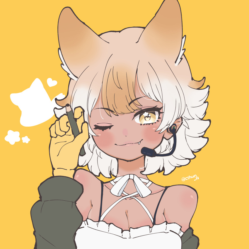 1girl :3 absurdres bare_shoulders blonde_hair bow bowtie choker commentary_request coyote_(kemono_friends) coyote_ears coyote_girl cthun_n eyebrows_visible_through_hair fang gloves grey_jacket highres jacket kemono_friends kemono_friends_v_project microphone multicolored_hair off_shoulder official_alternate_costume one_eye_closed pencil shirt short_hair sleeveless solo spaghetti_strap star_(symbol) virtual_youtuber white_bow white_bowtie white_choker white_hair white_shirt yellow_eyes yellow_gloves