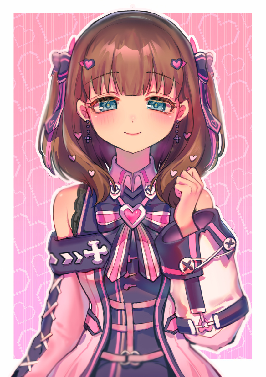 1girl absurdres blue_eyes blush brown_hair closed_mouth cross cross_earrings earrings eyebrows_visible_through_hair highres idolmaster idolmaster_cinderella_girls idolmaster_cinderella_girls_starlight_stage jewelry looking_at_viewer medium_hair qiu_ju sakuma_mayu smile solo twintails two_side_up upper_body