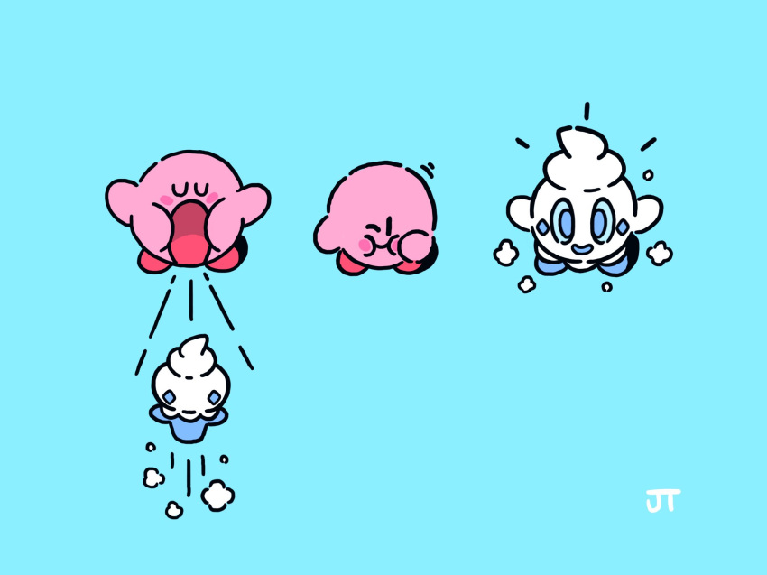 :i blue_background blush_stickers closed_eyes closed_mouth commentary crossover highres james_turner kirby kirby_(series) no_humans notice_lines one_eye_closed pokemon pokemon_(creature) simple_background solid_oval_eyes standing sucking vanillite