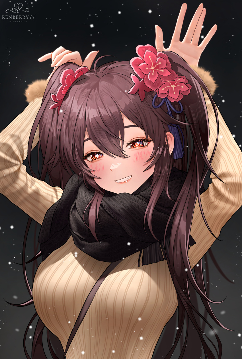 1girl absurdres alternate_costume arms_up artist_name black_background black_scarf blush breasts brown_hair bunny_pose commentary contemporary english_commentary flower flower-shaped_pupils fringe_trim fur-trimmed_sleeves fur_trim genshin_impact hair_flower hair_ornament highres hu_tao_(genshin_impact) large_breasts long_hair looking_at_viewer parted_lips plum_blossoms red_eyes red_flower renberry scarf snowing solo sweater symbol-shaped_pupils tassel tassel_hair_ornament twintails winter_clothes yellow_sweater