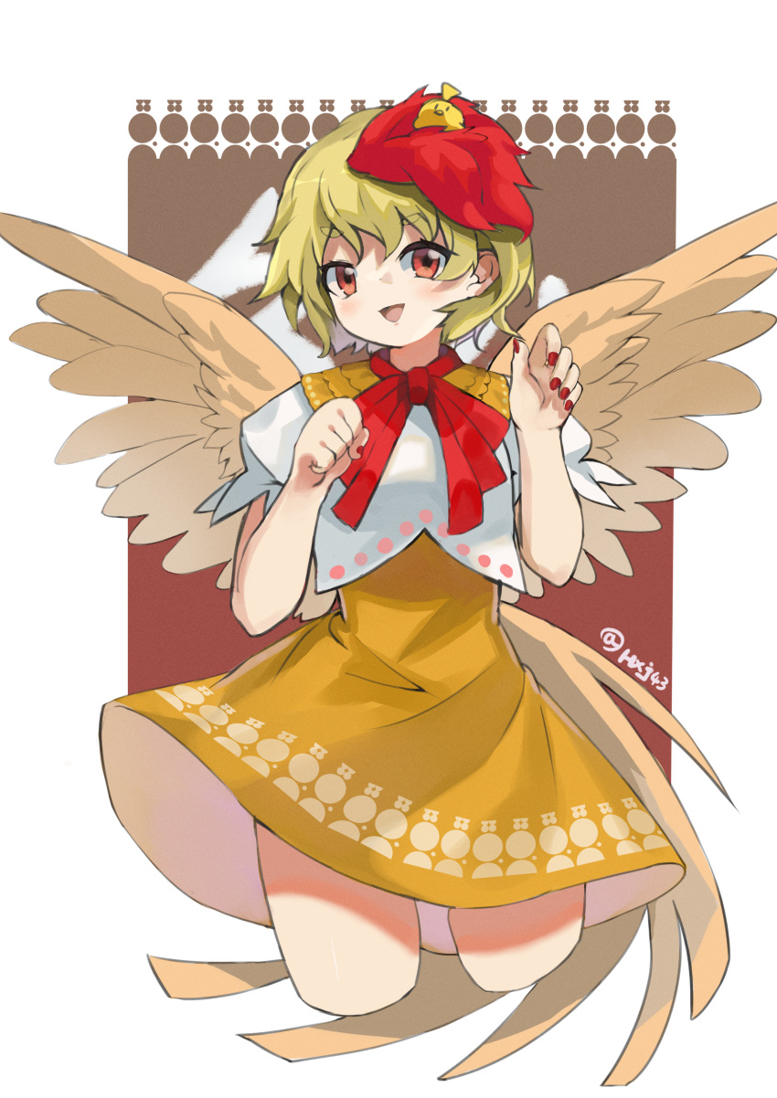 1girl absurdres animal_on_head bird bird_on_head bird_tail bird_wings blonde_hair breasts chick cropped_legs dress feathered_wings fingernails highres hxj_(2324184595) multicolored_hair niwatari_kutaka on_head open_mouth orange_dress red_eyes red_nails red_ribbon redhead ribbon shirt small_breasts tail tail_feathers touhou two-tone_hair white_shirt wings yellow_tail yellow_wings