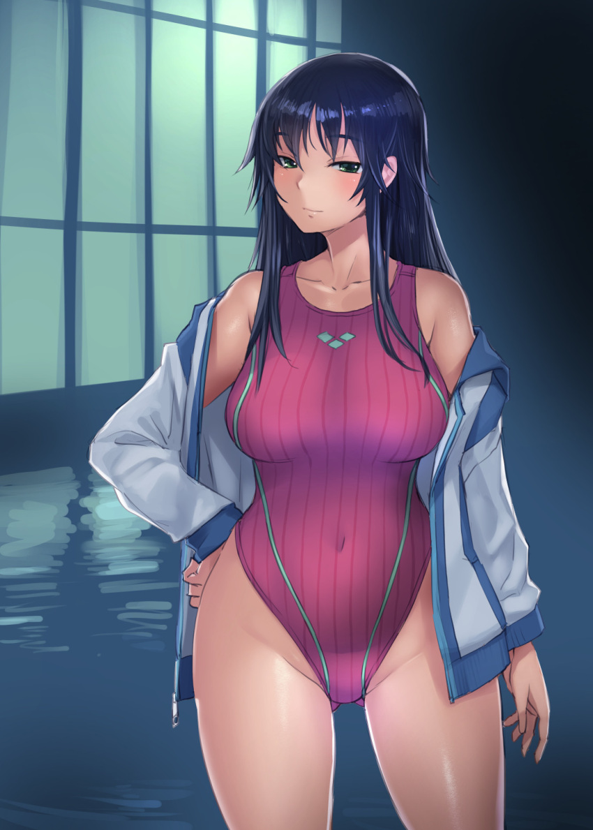 1girl black_eyes black_hair bosshi breasts commentary_request competition_swimsuit contrapposto covered_navel cowboy_shot groin hand_on_hip highres jacket large_breasts long_hair looking_at_viewer one-piece_swimsuit open_clothes open_jacket original pink_swimsuit solo standing swimsuit white_jacket