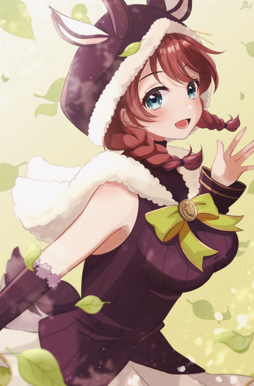 1girl absurdres aqua_eyes blush braid breasts brown_hair capelet commentary_request cow_hood detached_sleeves emma_verde eyebrows_visible_through_hair fur_capelet hand_up highres hood hood_up leaf love_live! love_live!_nijigasaki_high_school_idol_club medium_breasts open_mouth partially_translated pukonuu smile solo translation_request twin_braids upper_body