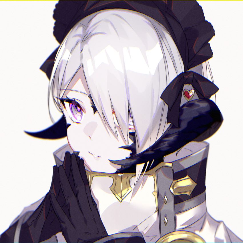 1girl absurdres au_ra black_gloves black_ribbon chromatic_aberration eyelashes facial_mark final_fantasy final_fantasy_xiv forehead_mark gloves grey_hair hair_ornament hair_over_one_eye hair_ribbon hairclip heart highres horns looking_at_viewer maid_headdress motsuni_(lxxe1120) own_hands_together parted_lips portrait ribbon scales short_hair silver_hair simple_background solo steepled_fingers turtleneck violet_eyes white_background