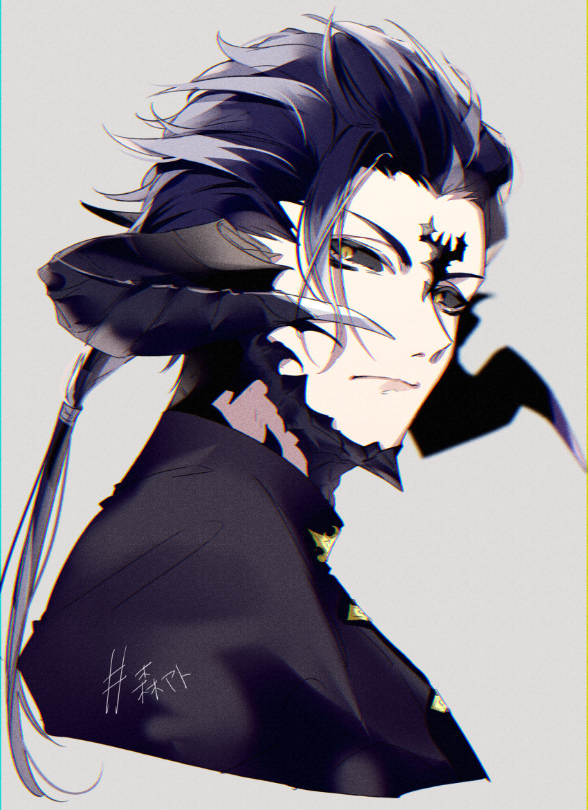 1boy absurdres au_ra black_hair black_sclera braid braided_ponytail chromatic_aberration colored_sclera cropped_torso facial_mark final_fantasy final_fantasy_xiv forehead_mark frown hair_slicked_back highres horns long_hair looking_at_viewer looking_back male_focus motsuni_(lxxe1120) multicolored_hair portrait scales short_hair simple_background single_braid solo streaked_hair yellow_eyes