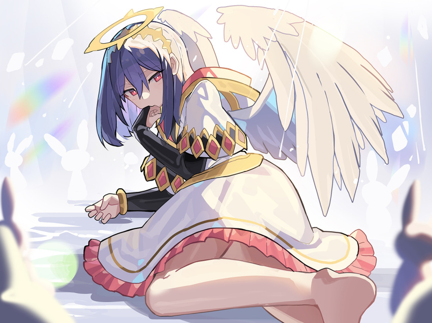 1girl angel_wings animal barefoot blue_hair capelet colored_skin commentary_request eyebrows_visible_through_hair falken_(yutozin) hair_between_eyes hairband halo legs looking_at_viewer original rabbit red_eyes white_capelet white_skin white_wings wings yellow_hairband