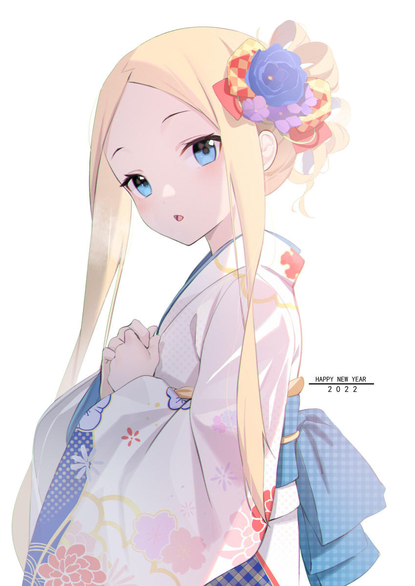 1girl 2022 abigail_williams_(fate) absurdres bangs blonde_hair blue_eyes blush breasts fate/grand_order fate_(series) flower forehead hair_flower hair_ornament happy_new_year highres japanese_clothes kimono long_hair long_sleeves looking_at_viewer miyu10366 new_year obi open_mouth parted_bangs sash sidelocks small_breasts solo tied_hair white_kimono wide_sleeves