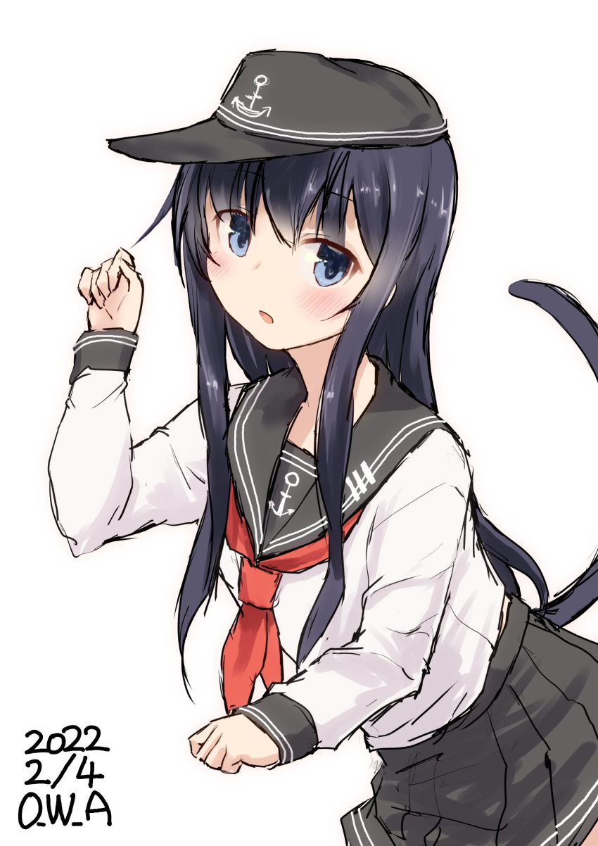1girl akatsuki_(kancolle) anchor_symbol black_hair black_headwear black_sailor_collar black_skirt cat_tail dated flat_cap hat highres kantai_collection leaning_forward long_hair neckerchief one-hour_drawing_challenge owa_(ishtail) pleated_skirt red_neckerchief sailor_collar school_uniform serafuku simple_background skirt solo tail violet_eyes white_background