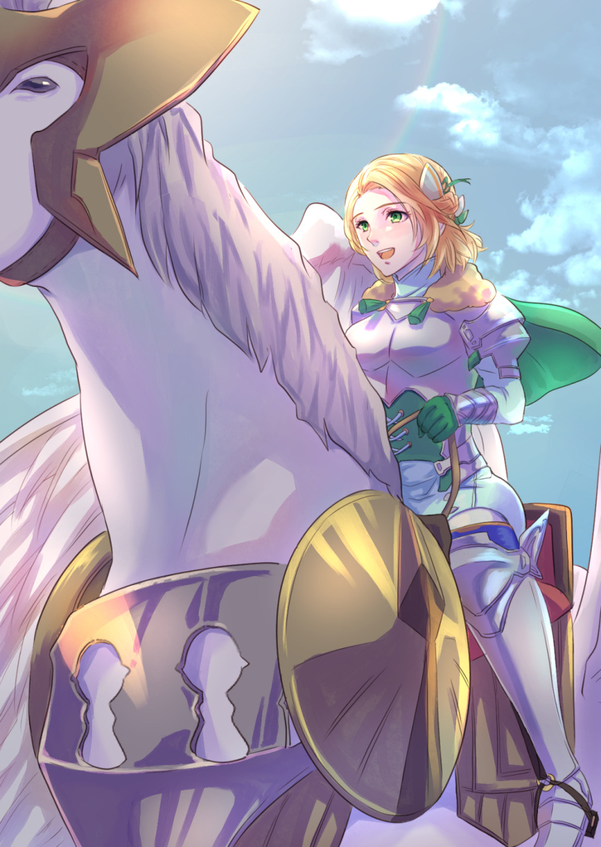 1girl armor blonde_hair breastplate breasts closed_mouth day fire_emblem fire_emblem:_three_houses flying fur_collar green_eyes highres ingrid_brandl_galatea long_sleeves looking_at_viewer outdoors pegasus riding riou_(pooh920) short_hair sky smile solo