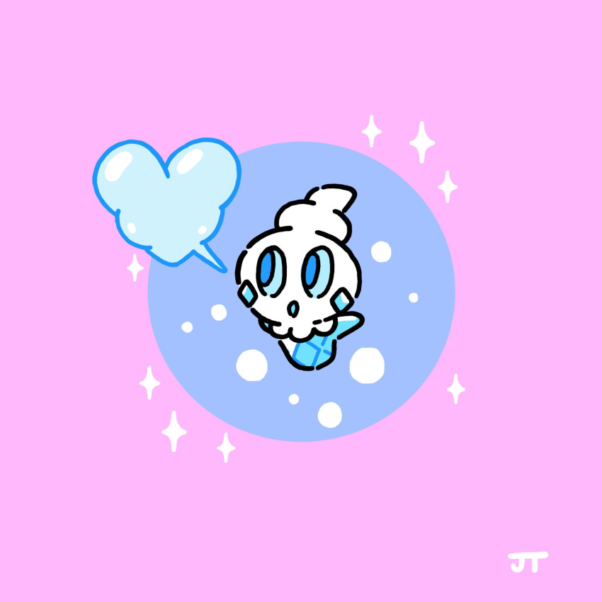 :o blowing blue_eyes commentary heart highres james_turner looking_up no_humans pink_background pokemon pokemon_(creature) signature solo sparkle vanillite