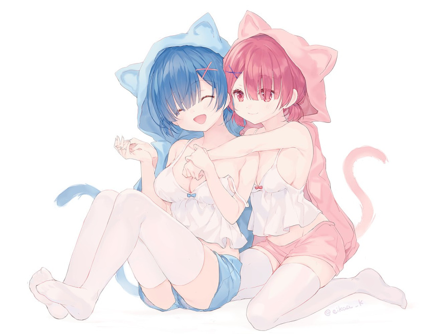 2girls alternate_hairstyle animal_hood bangs bare_shoulders blue_bow blue_hair blue_jacket blue_shorts blunt_bangs bow breasts camisole cat_hood cat_tail closed_eyes closed_mouth commentary eikaa eyebrows_visible_through_hair hair_ornament holding_hands hood hood_up jacket knees_up light_smile multiple_girls no_shoes open_clothes open_jacket open_mouth pink_bow pink_eyes pink_hair pink_jacket pink_shorts ram_(re:zero) re:zero_kara_hajimeru_isekai_seikatsu rem_(re:zero) short_hair short_shorts short_twintails shorts siblings simple_background sisters sitting smile tail thigh-highs twintails twitter_username white_legwear x_hair_ornament
