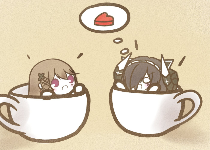 2girls august_von_parseval_(azur_lane) azur_lane black_hair butterfly_hair_ornament chibi cup curled_horns dunkerque_(azur_lane) hair_ornament hair_over_one_eye horns in_container in_cup koti light_brown_hair mechanical_horns multiple_girls open_mouth simple_background thought_bubble