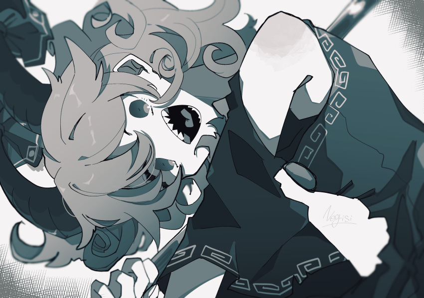 1girl :d bare_shoulders commentary curly_hair detached_sleeves dress from_side greyscale highres holding holding_spork horn_ornament horn_ribbon horns leaning_forward looking_at_viewer looking_to_the_side monochrome negi_si ribbon sharp_teeth sheep_horns short_hair signature sleeveless sleeveless_dress smile solo teeth tongue touhou toutetsu_yuuma upper_body wide_sleeves