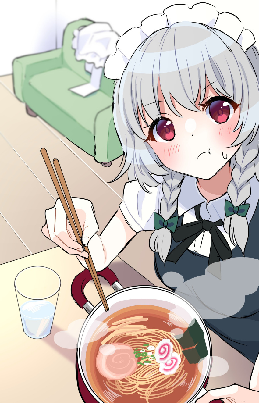 1girl :t absurdres apron_removed bangs black_ribbon blue_dress blush braid breasts chopsticks collared_shirt commentary_request couch dress eyelashes fingernails glass green_ribbon hair_ribbon highres holding holding_chopsticks hotpot indoors izayoi_sakuya looking_at_viewer maid maid_headdress medium_breasts medium_hair neck_ribbon pout puffy_short_sleeves puffy_sleeves red_eyes ribbon shiny shiny_hair shirt short_sleeves sidelocks silver_hair solo steam stigma1101 sweatdrop table touhou tress_ribbon twin_braids white_shirt wing_collar