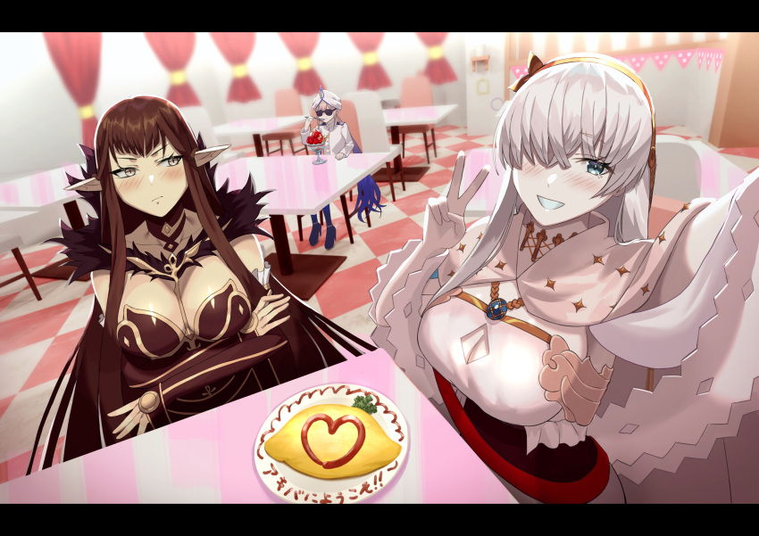 1boy 2girls absurdres anastasia_(fate) beppu_mitsunaka breasts brown_hair cafe cape captain_nemo_(fate) crossed_arms fate/apocrypha fate/grand_order fate_(series) food gradient_hair hair_over_one_eye highres ketchup large_breasts long_hair maid_cafe multicolored_hair multiple_girls nemo_(fate) omelet omurice parfait pointy_ears selfie semiramis_(fate) silver_hair smile spoon sunglasses turban twintails v