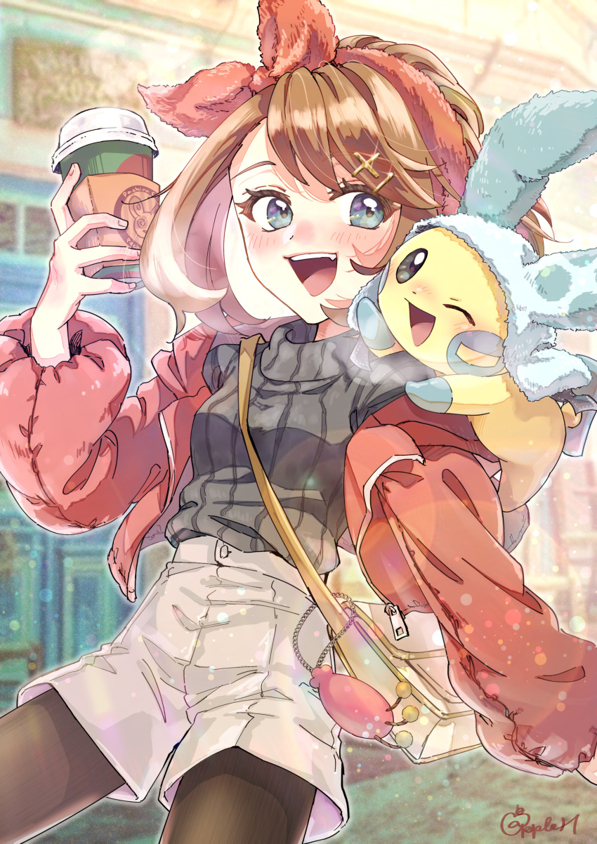 1girl :d absurdres alternate_costume bag bangs blush brown_hair brown_legwear character_print commentary_request cup disposable_cup eyelashes glint grey_eyes hair_ornament hairband hairclip happy highres holding holding_cup jacket may_(pokemon) medium_hair minatoya_ringo minun off_shoulder open_mouth pantyhose pokemon pokemon_(creature) pokemon_(game) pokemon_oras ribbed_sweater shiny shiny_hair shorts shoulder_bag signature smile spinda sweater teeth tongue upper_teeth zipper_pull_tab