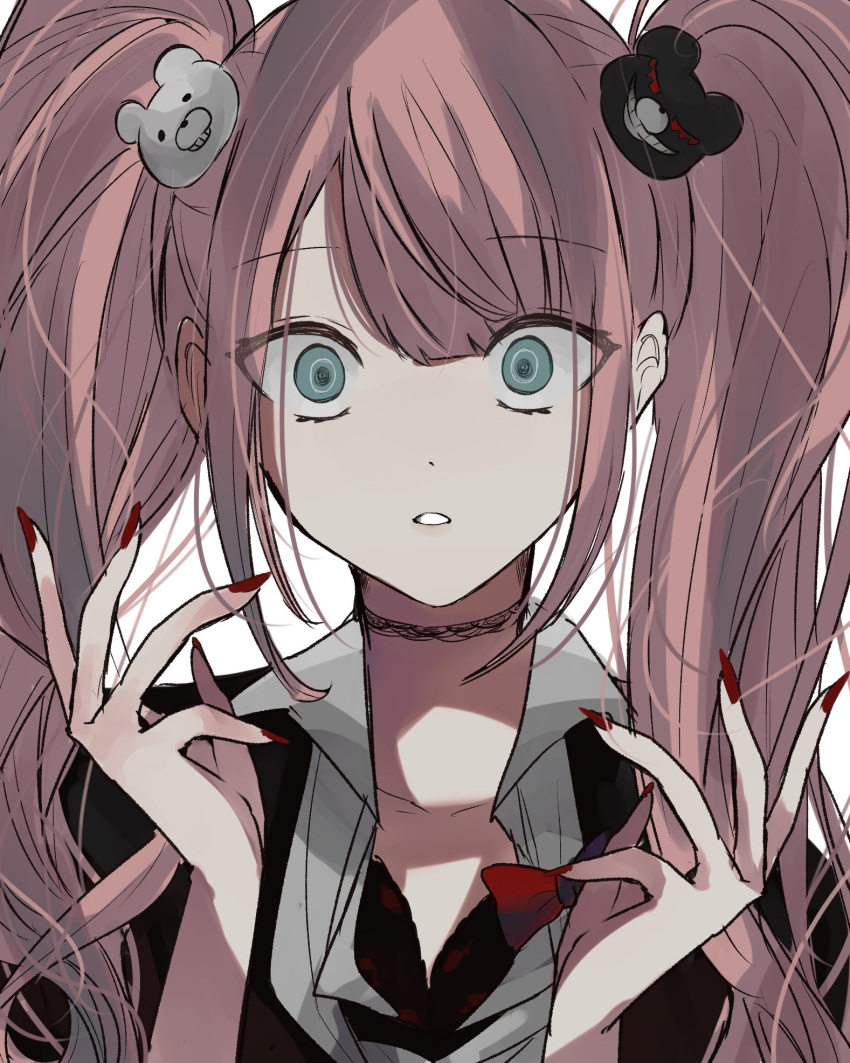 1girl anon_0037 bangs bear_hair_ornament blue_eyes bow choker collarbone collared_shirt commentary_request danganronpa_(series) enoshima_junko eyebrows_visible_through_hair hair_ornament highres long_hair looking_at_viewer nail_polish pink_hair red_bow school_uniform shirt simple_background solo twintails upper_body white_background