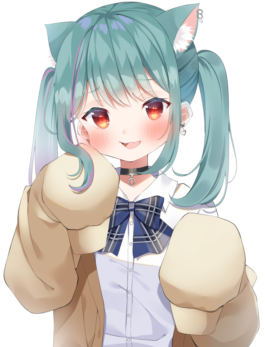 1girl absurdres animal_ear_fluff animal_ears bangs black_choker blue_bow blue_bowtie blush bow bowtie brown_jacket cat_ears choker collared_shirt commentary ear_piercing earrings extra_ears eyebrows_visible_through_hair green_hair heart heart_earrings highres hololive jacket jewelry long_hair long_sleeves looking_at_viewer multicolored_hair mymerody4649 open_clothes open_jacket open_mouth piercing plaid plaid_bow plaid_bowtie purple_hair red_eyes shirt simple_background sleeves_past_fingers sleeves_past_wrists solo streaked_hair symbol-only_commentary twintails upper_body uruha_rushia virtual_youtuber white_background white_shirt