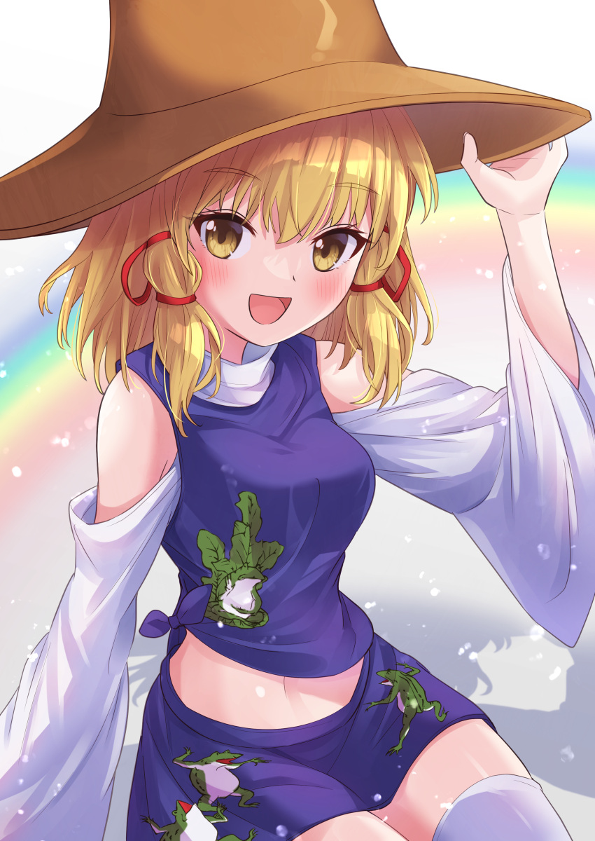 1girl :d absurdres animal_print arm_up armpit_crease bangs blonde_hair blush breasts clothing_cutout commentary_request eyelashes feet_out_of_frame frog_print hair_ribbon hand_on_headwear happy highres long_sleeves looking_at_viewer medium_breasts medium_hair midriff moriya_suwako navel open_mouth purple_skirt purple_vest pyonta ramie_(ramie541) red_ribbon ribbon shirt shoulder_cutout sidelocks sitting skirt smile solo stomach thigh-highs thighs touhou tress_ribbon turtleneck vest white_legwear white_shirt white_sleeves wide_sleeves yellow_eyes