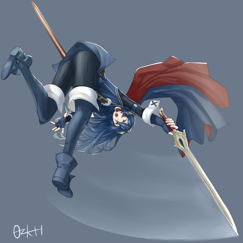 1girl absurdres action artist_name ass belt blue_eyes blue_gloves blue_hair boots cape falchion_(fire_emblem) fingerless_gloves fire_emblem fire_emblem_awakening full_body gloves hair_between_eyes highres holding holding_weapon long_hair lucina_(fire_emblem) motion_lines open_mouth ozkh sheath solo super_smash_bros. sword thigh-highs thigh_boots tiara two-tone_cape weapon wrist_cuffs