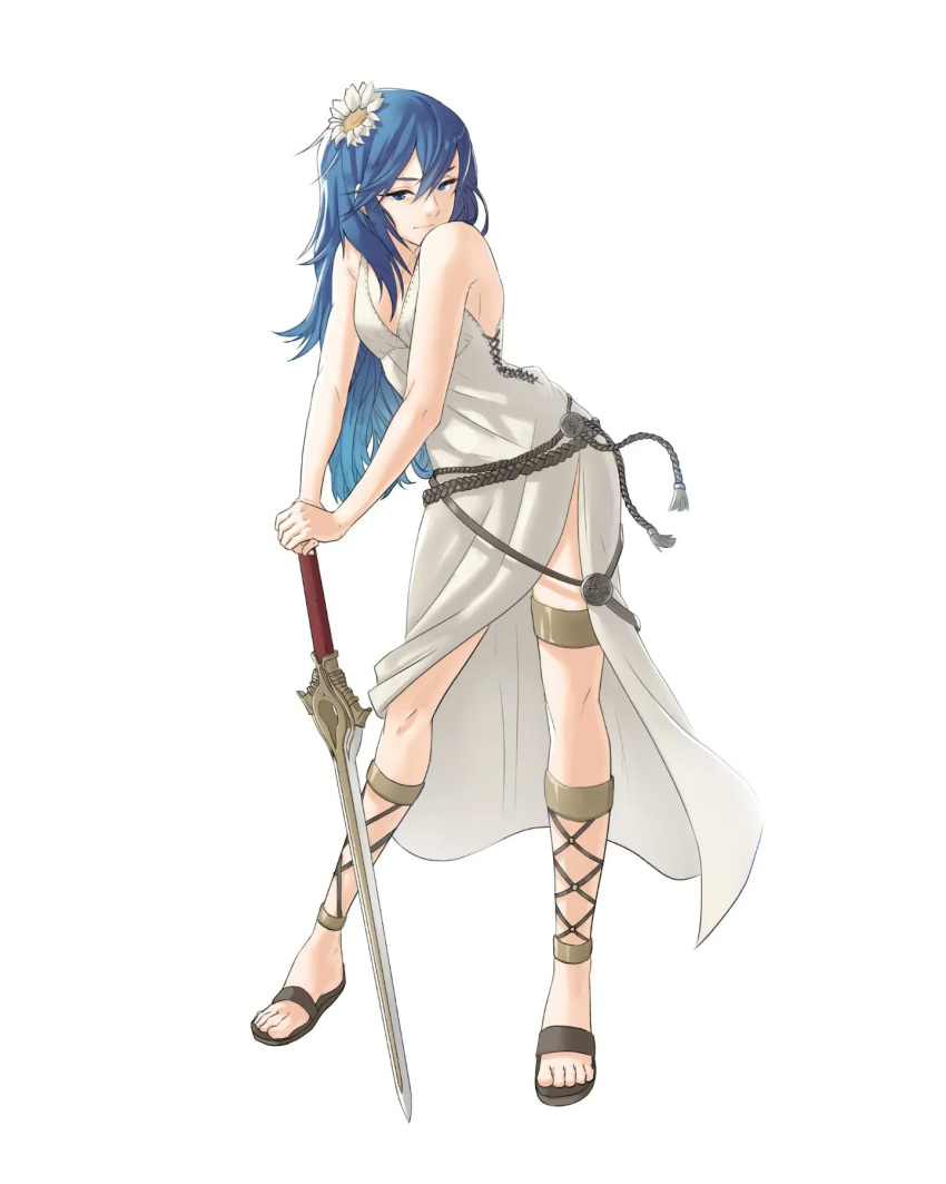 1girl bangs bare_shoulders blue_eyes blue_hair collarbone dress falchion_(fire_emblem) fire_emblem fire_emblem_awakening flower hair_flower hair_ornament highres holding holding_sword holding_weapon long_hair lucina_(fire_emblem) official_alternate_costume sandals side_slit simple_background sleeveless sleeveless_dress solo sword vibratix weapon white_background white_dress