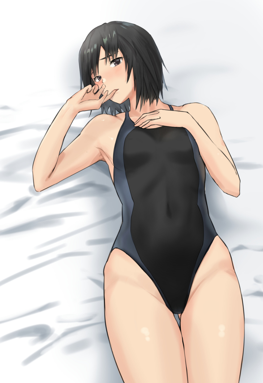1girl amagami black_hair black_swimsuit breasts brown_eyes cowboy_shot finger_in_mouth groin highres looking_at_viewer lying nanasaki_ai short_hair small_breasts solo swimsuit thigh_gap ykh1028